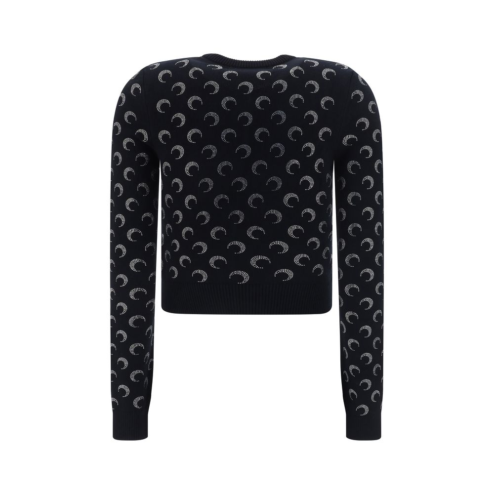 Marine Serre Black Viscose Cardigan featuring ribbed crew neck, button front, ribbed hem and cuffs, with brand logo pattern, back view.