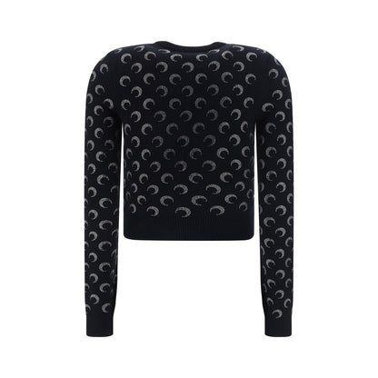 Marine Serre Black Viscose Cardigan featuring ribbed crew neck, button front, ribbed hem and cuffs, with brand logo pattern, back view.