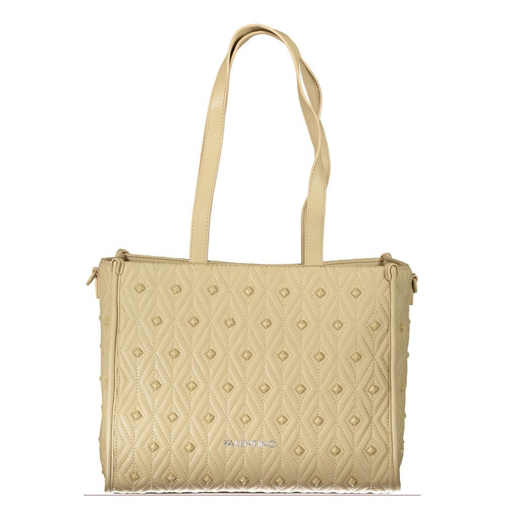 Mario Valentino Beige Polyester Handbag with shoulder handles and logo, featuring internal pocket, phone spaces, and zip closure.