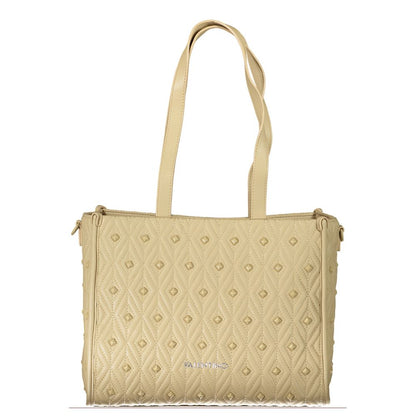 Mario Valentino Beige Polyester Handbag with shoulder handles and logo, featuring internal pocket, phone spaces, and zip closure.