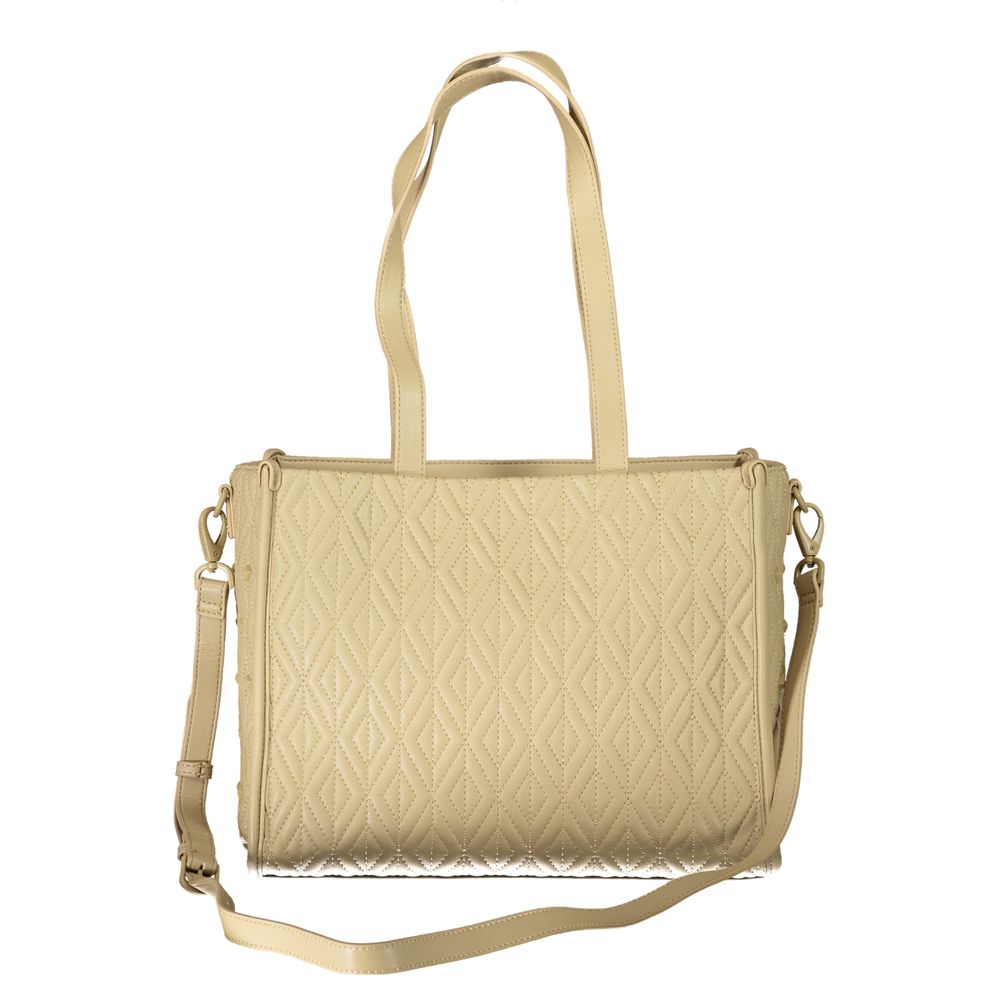 Mario Valentino Beige Polyester Handbag with adjustable strap and logo, featuring internal pockets and contrasting details.