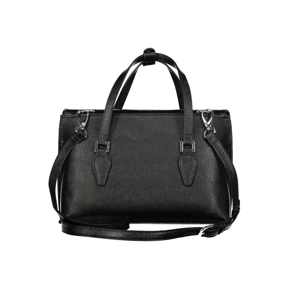 Mario Valentino Black Polyethylene Handbag with handles, adjustable strap, and multiple compartments, featuring snap closure and logo.