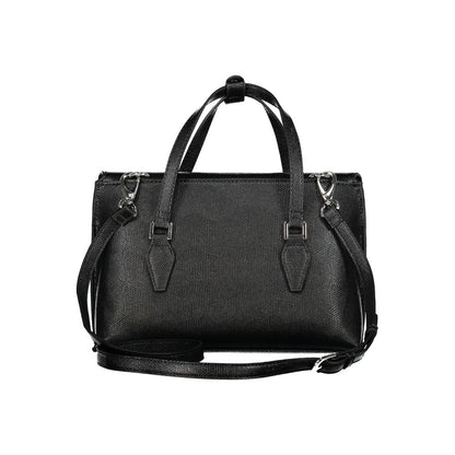 Mario Valentino Black Polyethylene Handbag with handles, adjustable strap, and multiple compartments, featuring snap closure and logo.