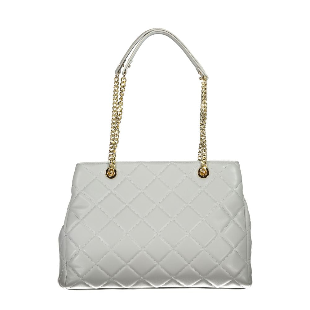 Mario Valentino Gray Polyethylene Handbag with gold chain handles, featuring dual compartments and zip closure.