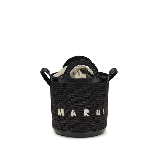 Marni Black Cotton Backet Bag with leather trim and drawstring closure.