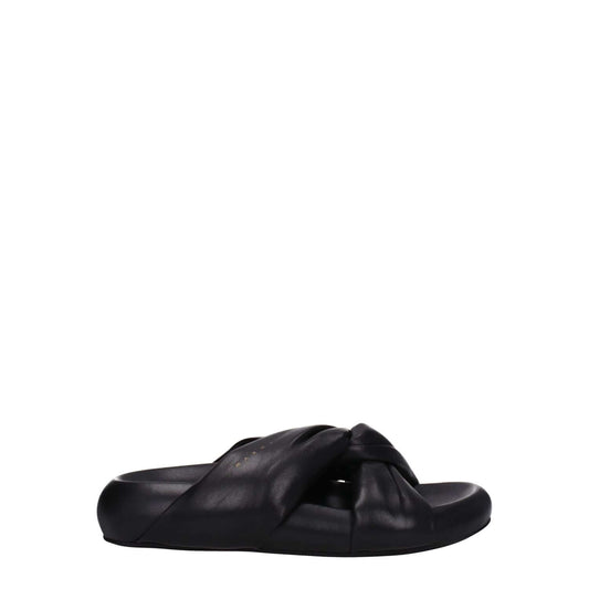Marni Black Leather Slippers with open toe, mid heels, rubber sole, and side logo; casual style, gold detail.