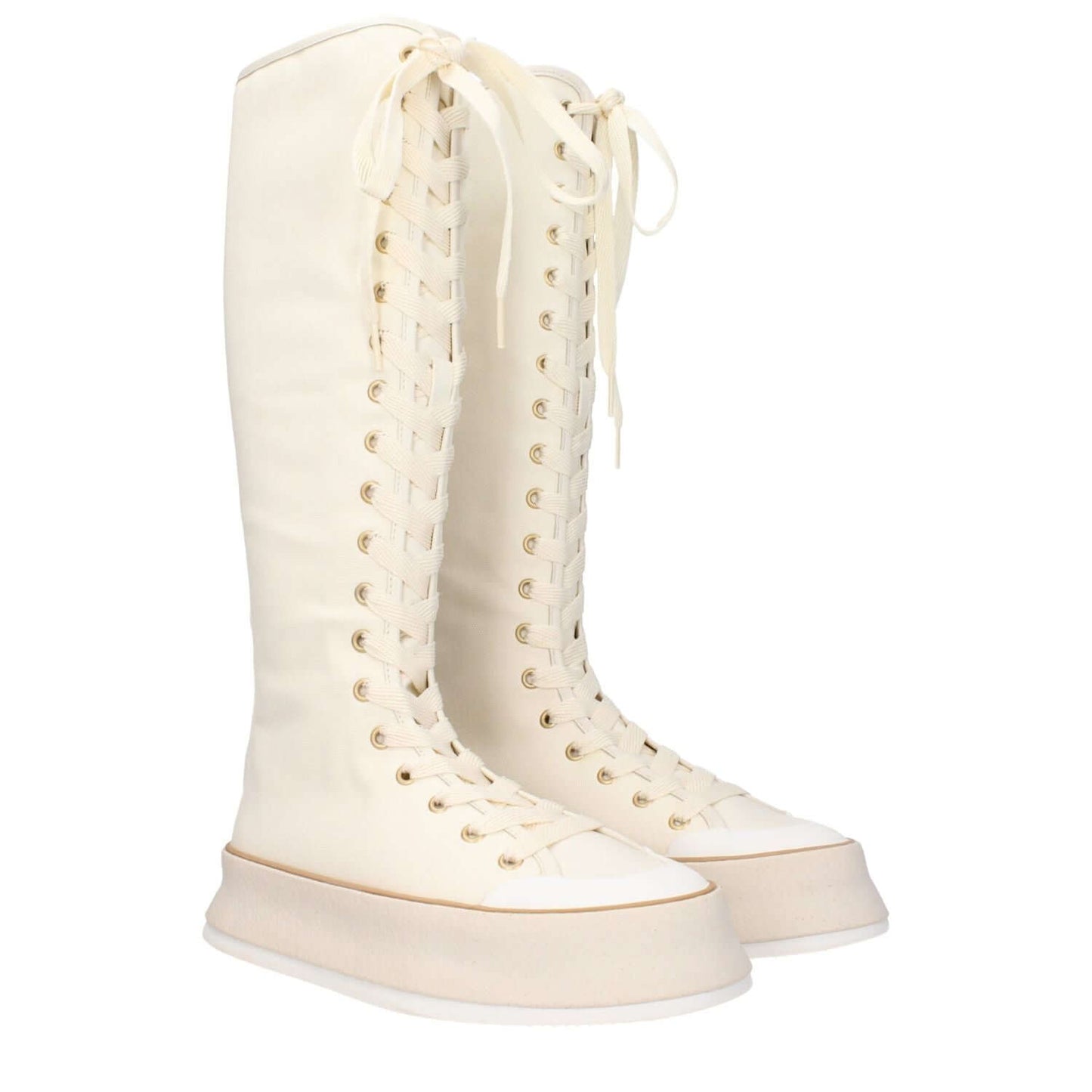 Max Mara Beige Fabric Lace-Up Boots with vintage effect, casual style, round toe, wedge heel, rubber sole, canvas accents.