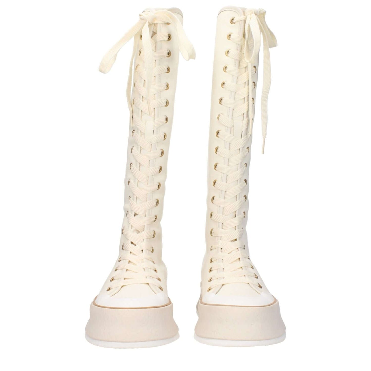 Max Mara Beige Fabric Lace-Up Boots with rubber sole and wedge heel showcasing vintage effect and round toe design.