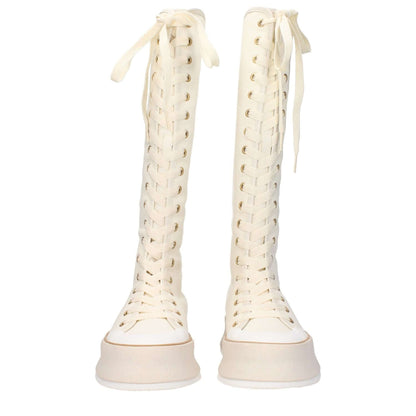 Max Mara Beige Fabric Lace-Up Boots with rubber sole and wedge heel showcasing vintage effect and round toe design.