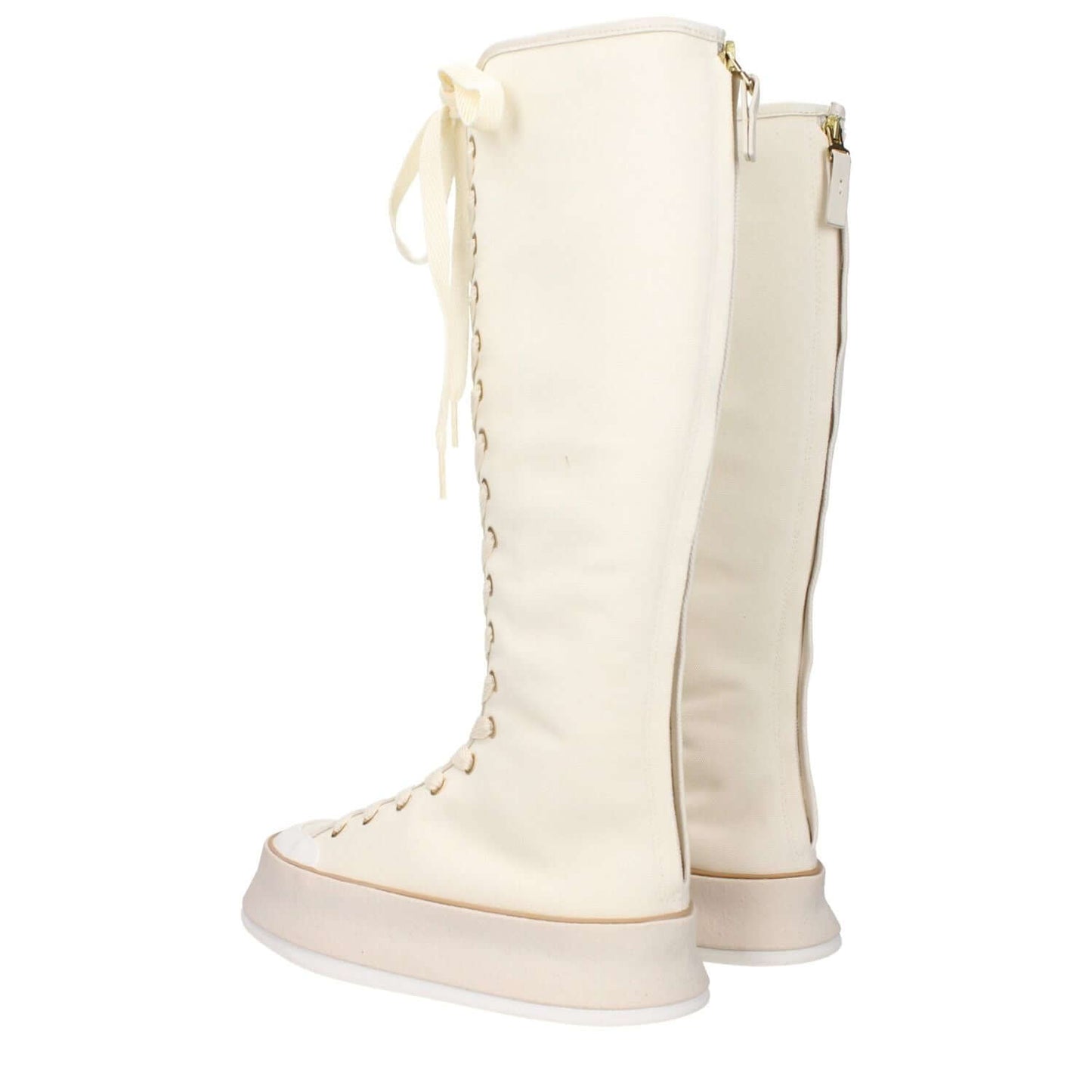 Max Mara Beige Fabric Lace-Up Boots with vintage effect and wedge heel, featuring lace-up closure and rubber sole.