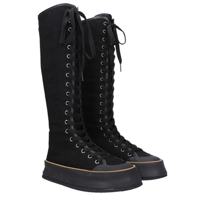 Max Mara Black Fabric Lace-Up Boots with vintage effect, casual style, lace-up closure, round toe, rubber sole, and wedge heel.
