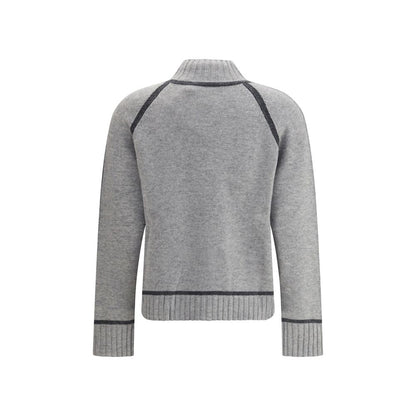 Max Mara Gray Wool Sweatshirt with high neck and ribbed edges, showing back view with raglan sleeves, elegant and versatile design.