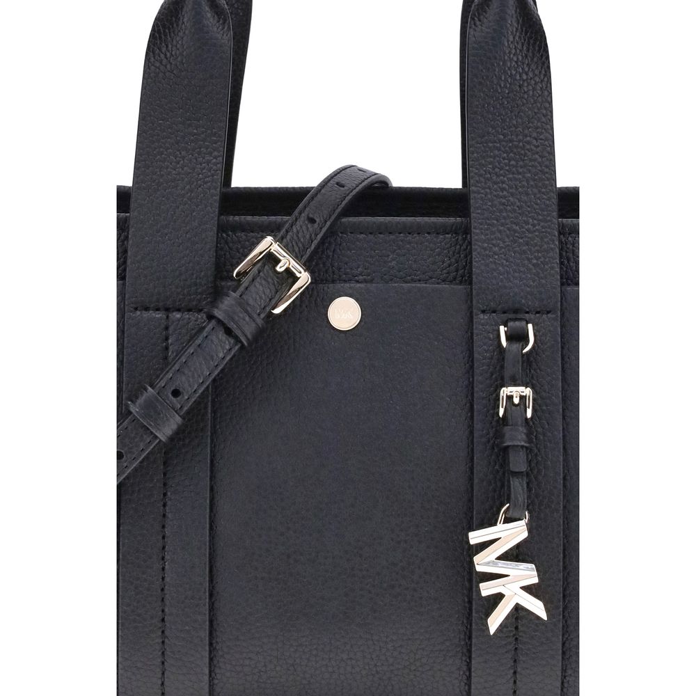 Michael Kors Black Calf Leather Bos Taurus Shoulder Bag with MK pendant and adjustable strap.