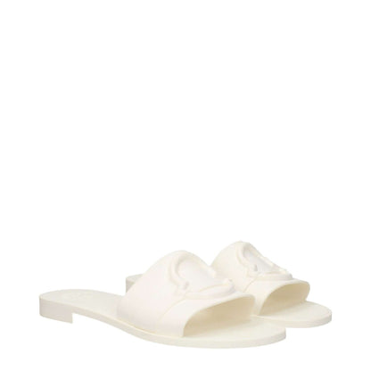 Moncler White Cotton Slippers featuring rubber sole, open toe design, and front logo detailing.