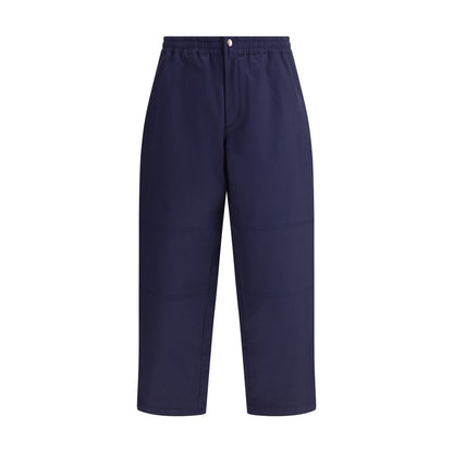Moncler x Donald Glover Blue Cotton Casual Pants with elastic waistband, drawstring leg, and side welt pockets from Moncler Genius line.