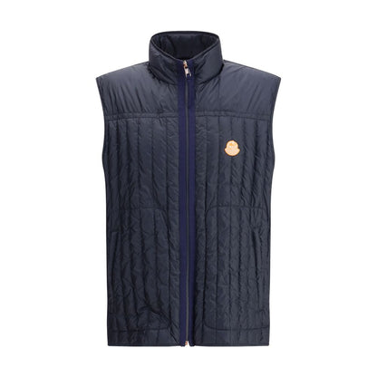 Moncler x Donald Glover Blue Polyamide Sleveless Jacket with vertical quilting and front zip closure.