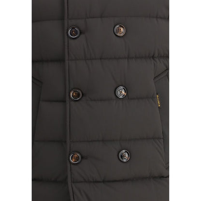 MooRER Black Polyamide Coat with double-breasted button design for warmth and style, featuring quilted texture and durable fabric.