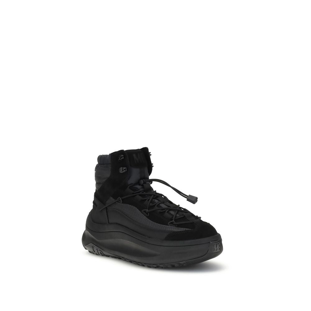 Moon Boot Black Polyester Athletic Sneakers with utility-inspired mid-top design and bold tubular laces.