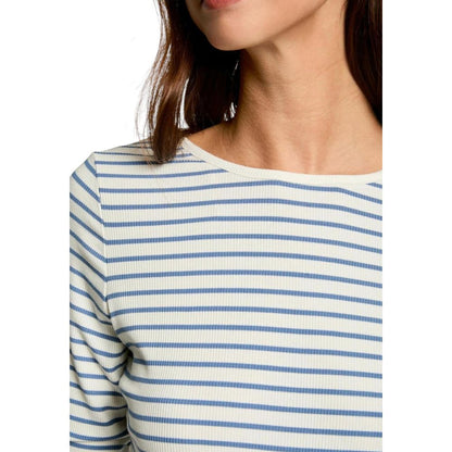 Woman wearing Morgan De Toi White Viscose Long Sleeve T-Shirt with horizontal stripes and deep back neckline.