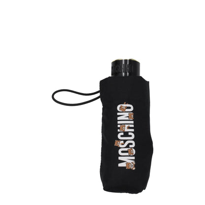 Moschino Black Polyester Umbrella with front logo and snap closure, compact design in a protective sleeve.