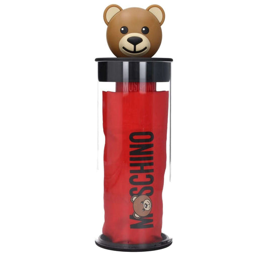 Moschino Red Polyester Umbrella in tube packaging with bear handle, featuring Moschino logo and bright red polyester material, casual style.