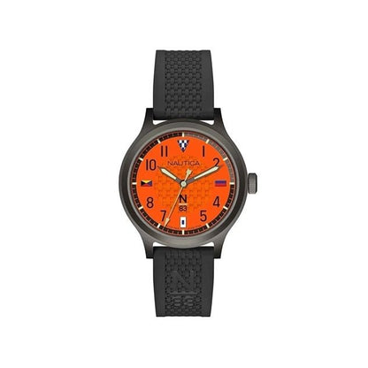 NAUTICA Mod. NAPCFS915 quartz gent's watch with orange dial and black bracelet, water resistant 5 ATM, in official box.