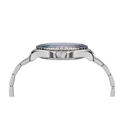 Side view of NAUTICA Mod. NAPCPS904 quartz analog men's watch with multifunction features, 46mm mineral case, shown with metal bracelet.