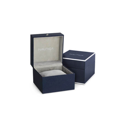 NAUTICA Mod. NAPCPS904 official box packaging, open box and closed box, brand logo displayed inside elegant watch packaging.