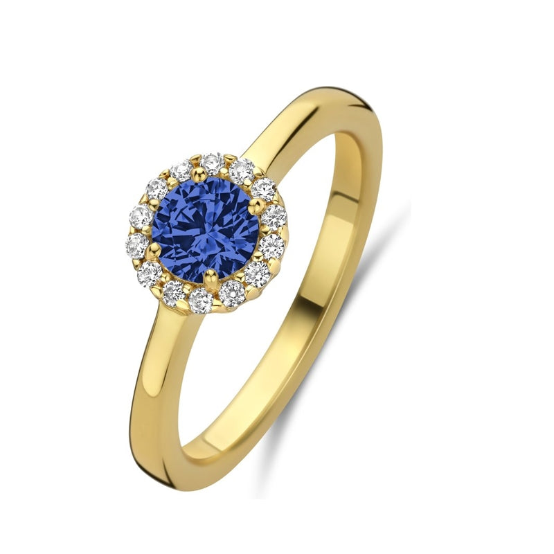 Gold ring with blue gemstone and diamonds, NEW BLING Mod. 9NB-1540-54, elegant jewelry design for special occasions.