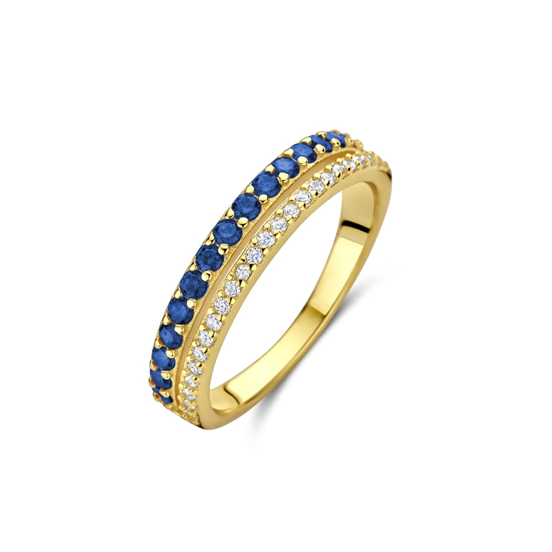 NEW BLING Mod. 9NB-1576-58 gold ring with blue and clear gemstones, elegant jewelry piece.