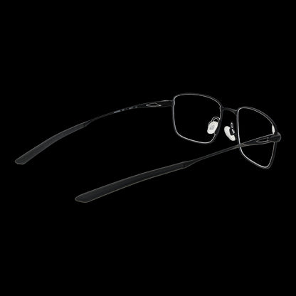 Black rectangular men's eyewear, NIKE MOD. NK6046 53001, designed for gent. Side and front view on a black background.