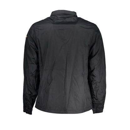 Napapijri Black Polyester Men Jacket with long sleeves and waterproof design, featuring contrast details and practical pockets.