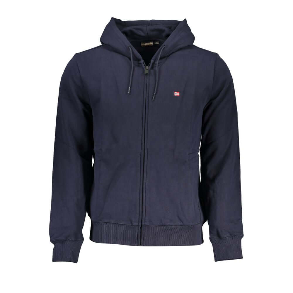 Napapijri Blue Cotton Men Sweater with Hood, featuring long sleeves, logo detailing, and practical pockets for stylish casual wear.