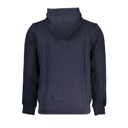 Back view of Napapijri Blue Cotton Men Sweater with Hood, showcasing stitched details.