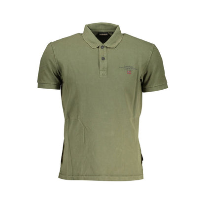 Napapijri Green Cotton Men Polo Shirt with short sleeves, featuring meticulous print and embroidery detail, perfect for modern style.