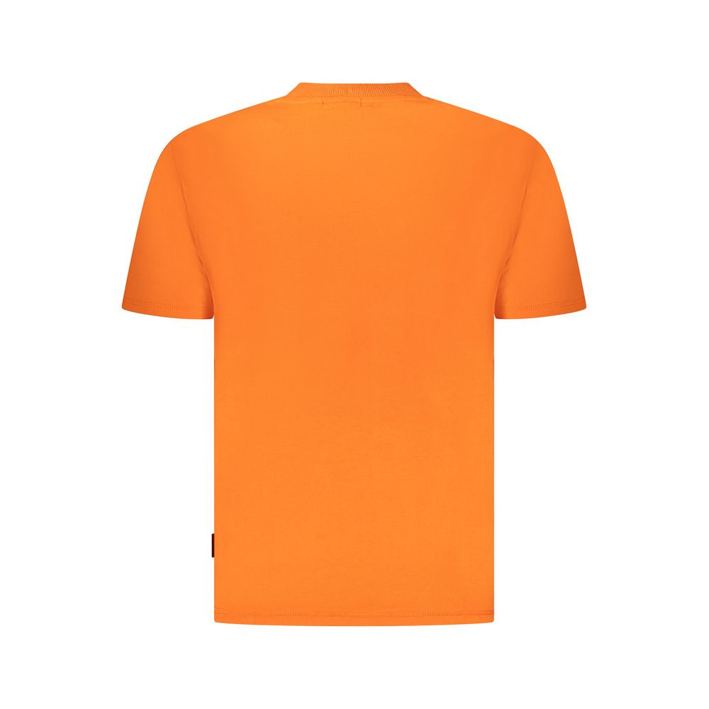 Back view of Napapijri Orange Cotton Men T-Shirt showing relaxed fit and vibrant color.