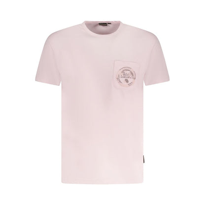 Napapijri Pink Cotton Men T-Shirt with logo print and pocket detail, crew neck, short sleeves