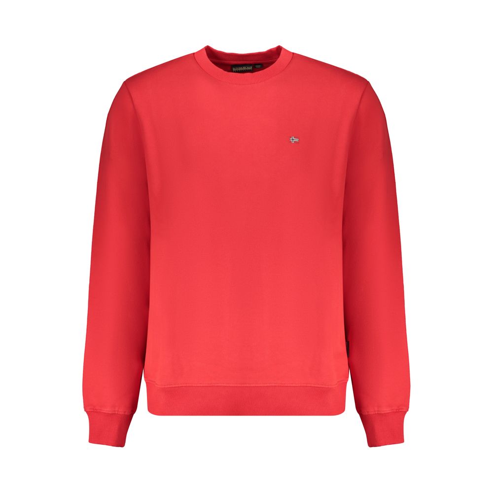 Napapijri Red Organic Cotton Men Sweater with long sleeves and crew neck, featuring iconic logo and embroidery, sustainable fashion choice.