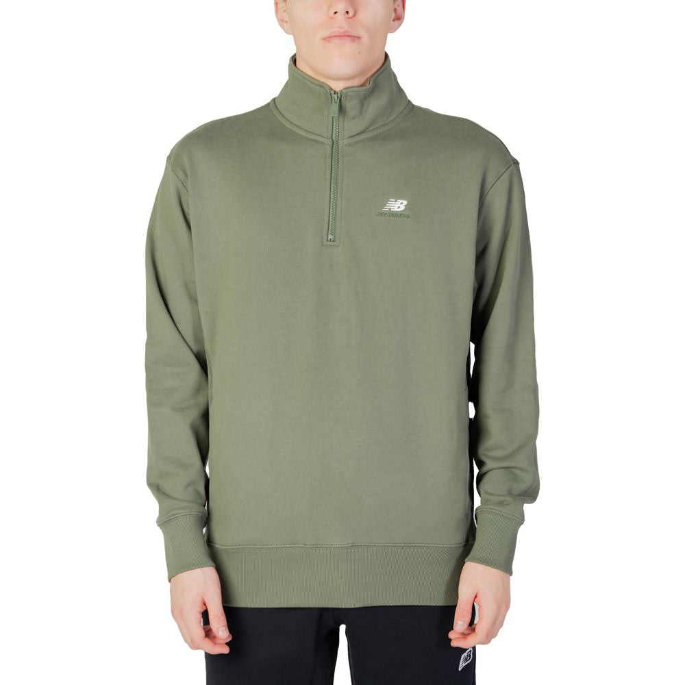 New Balance Green Cotton Sweatshirt with half-zip high collar and embroidered logo on model, perfect for a casual refined look.