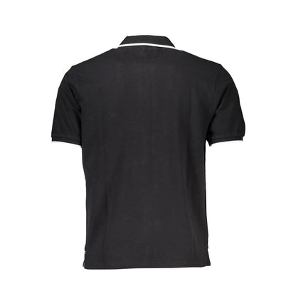 Back view of North Sails Black Cotton Polo Shirt featuring short sleeves, two buttons, contrast details, print, and logo.