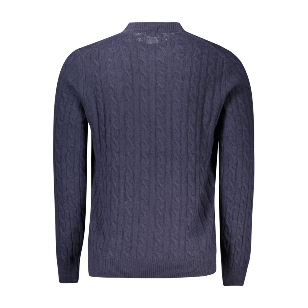 North Sails Blue Wool Men Sweater with twist patterns and North Sails logo, crafted from cashmere, wool, and viscose, rear view.