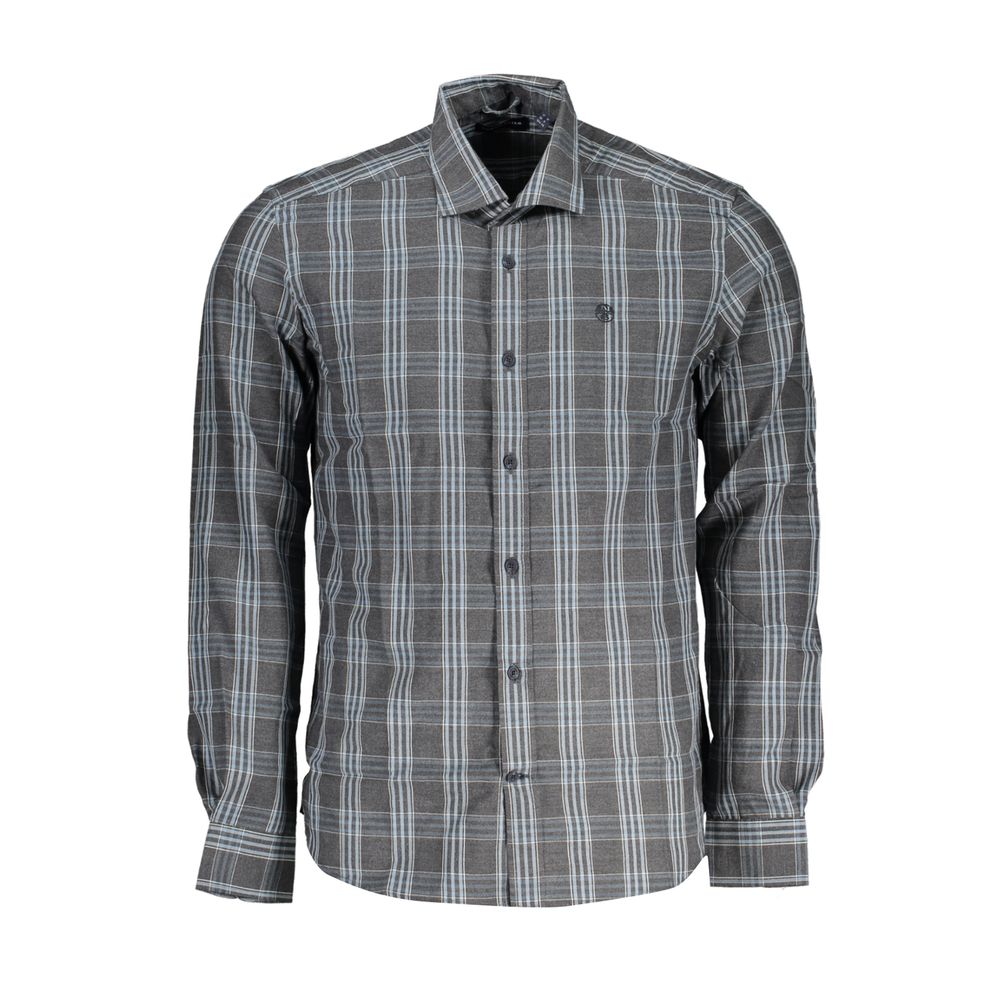North Sails Brown Cotton Men Shirt with checked pattern and French collar, showcasing sustainability and style.