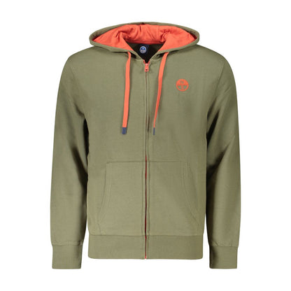 North Sails Green Cotton Men's Hooded Sweater with zip and logo, orange accents, and front pockets.