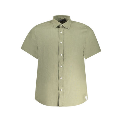 North Sails Green Linen Shirt with short sleeves, Italian collar, buttons, and logo embroidery; ocean-inspired design.