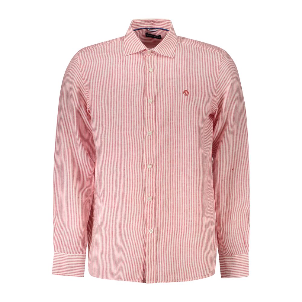North Sails Red Linen Shirt with long sleeves, French collar, striped design, and logo embroidery.