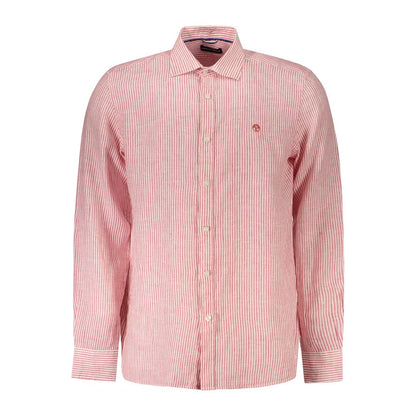 North Sails Red Linen Shirt with long sleeves, French collar, striped design, and logo embroidery.