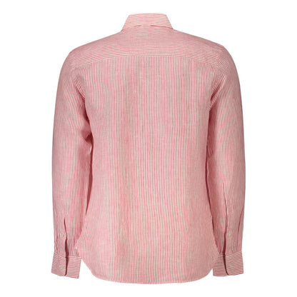 Back view of North Sails Red Linen Shirt with long sleeves, striped pattern, French collar, and embroidered logo for Ocean Positive.