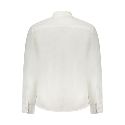 Back view of a North Sails White Linen Shirt featuring long sleeves, Italian collar, and one button cuffs.