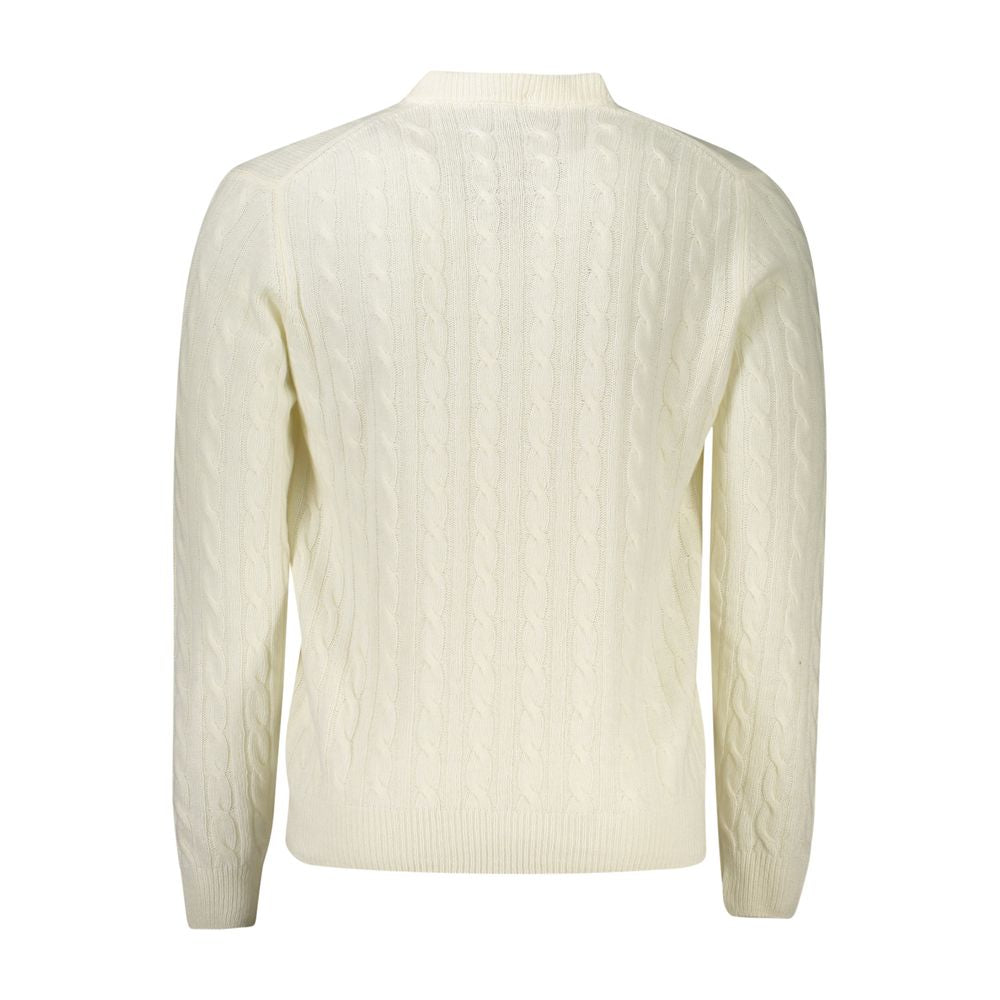 Back view of North Sails White Wool Men Sweater with cable knit design, long sleeves, and crew neck, showcasing elegant style and comfort.