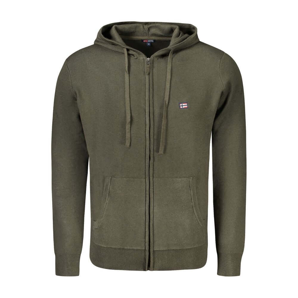 Norway 1963 Green Polyamide Men Cardigan with hood and pockets, featuring stylish embroidery logo for modern trendsetters.
